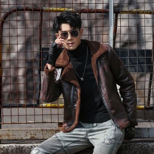 Winter New Men Sheepskin Leather Fur Coat Trendy Motorcycle Genuine Leather Jacket Mens Shearling Coat