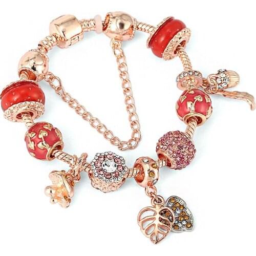 2021NEW Rose Gold Pine Cone Feather Pendant Mushroom Charm Leaf Girl DIY Bracelet Net Red Charms Women Bracelets