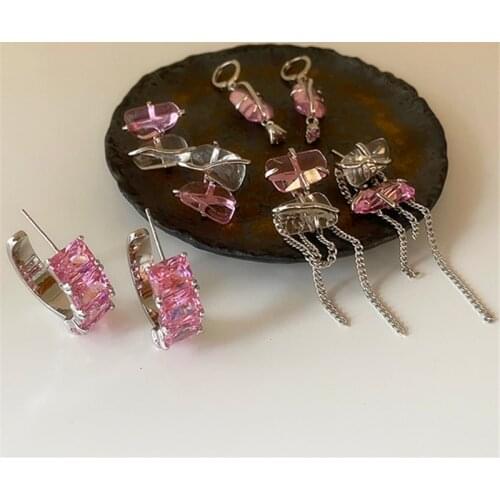 FFLACELL 2021 New Shiny Pink Crystal Zircon Stud Earrings Sliver Color Metal Tassel Earring For Women Girls Travel Party Jewelry