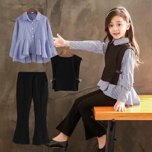 2020 New Childrens clothes sets shirt+vest+long pant spring autumn cotton blouse pants casual wild style kids girls 3 pcs suit