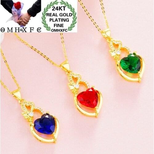 OMHXFC Wholesale European Fashion Woman Girl Party Birthday Wedding Gift Heart AAA Zircon 24KT Gold Necklace Pendant Charm PN332