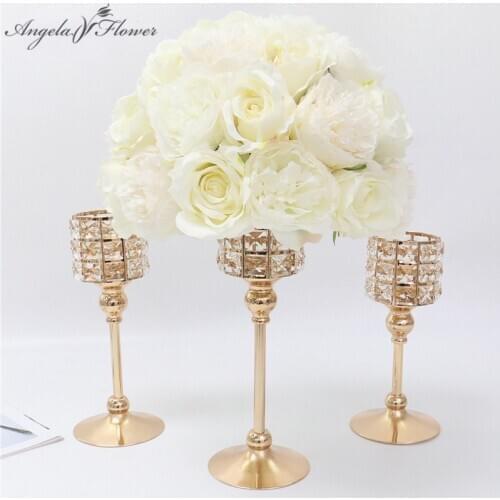 Artificial Flower Stand Crystal Tealight Candle Holders Metal Glass Candlesticks Wedding Table Centerpiece Vase Party Home Decor
