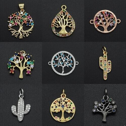 New Diy Flowers CZ Charms Wholesale Cactus Necklace Pendant Zircon Tree of Life Connector For Jewelry Bracelet Making