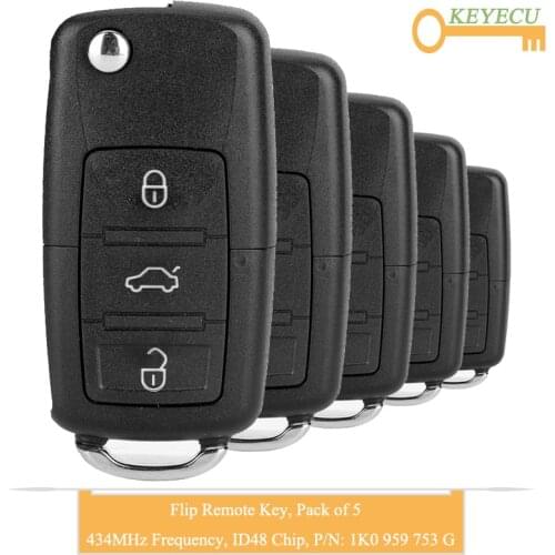 KEYECU 5PCS Flip Remote Control Car Key for Volkswagen Caddy EOS Golf Plus Sirocco Tiguan Touran Touran, 3B- 434MHz - 1K0959753G