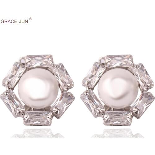 GRACE JUN AAA Cubic Zircon Clip on Earrings Without Pierced High Quality White Gold Color Bridal Wedding Ear Clip Cuff Earrings