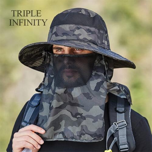 Summer UPF50+ Sun Hats For Men Breathable Foldable Anti-mosquito Fishing Hat Wide Brim Hiking Cap Outdoor Male Bucket Hat Bob