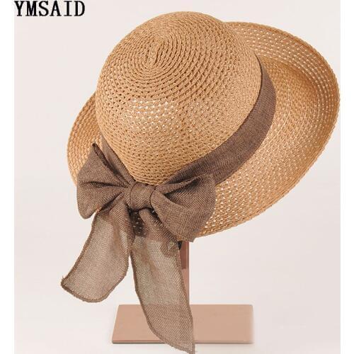 New Fashion Flat Sun Hat Womens Summer bow Straw Hats For Women Beach Headwear 6Colors chapeau femme Gift