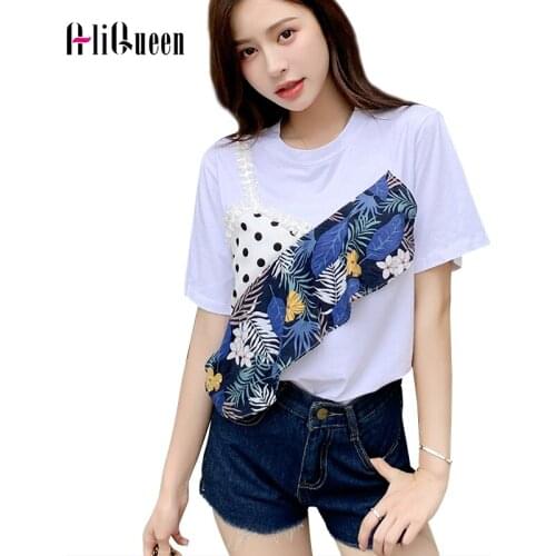 Korean Pearls Beading Dot Patchwork Women T Shirts Loose Casual Tops White Short Sleeve Summer T Shirt Fashion Design T-shirt