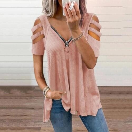 2021 Womens Tops Blouse Tunic V-Neck Zipper Solid Sexy Hollow Out Short Sleeve Casual Loose Women Shirt Tops Blause Mujer Summer