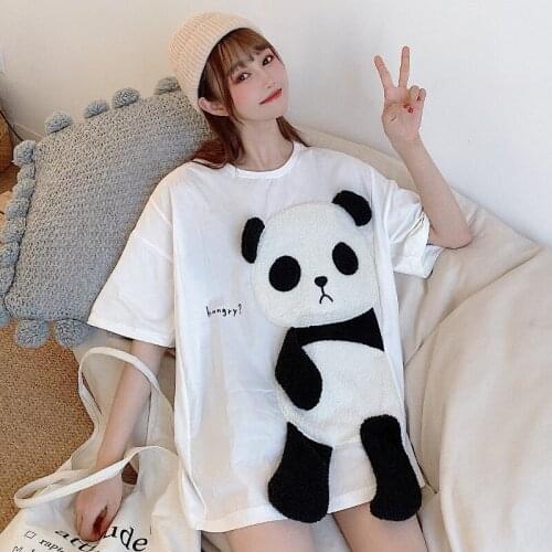 Zuolunouba Spring And Summer New Girly Short-sleeved T-shirt Ins Trend Loose Korean Panda 3d Embroidery Harajuku Style Tees Tops