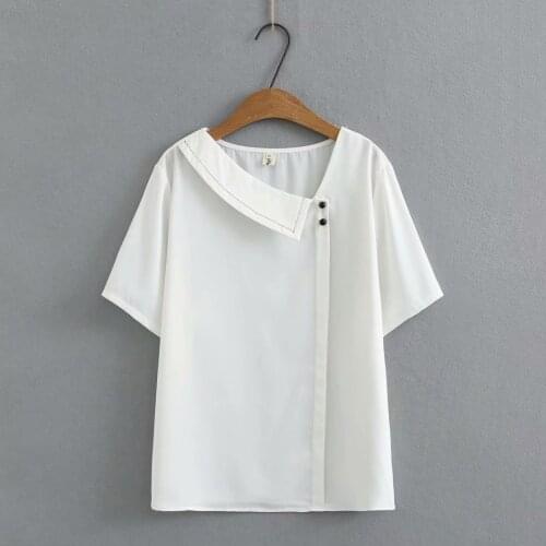 Plus size skew collar short sleeve button women tshirts 2021 new summer casual Cotton linen ladies t shirts female tops t-shirts