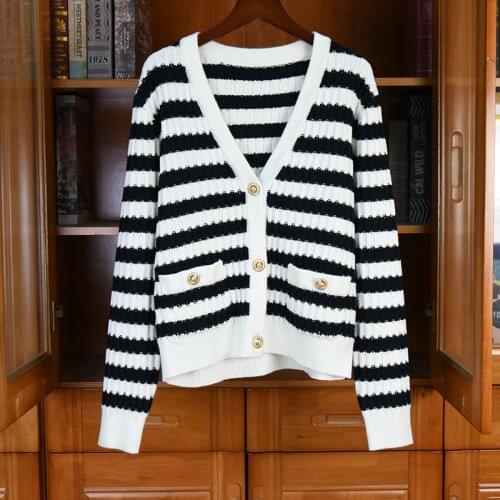 Spring Casual 2021 Women Striped Knitted V-Neck Fashion Cardigans Female Chic Sweater Coat