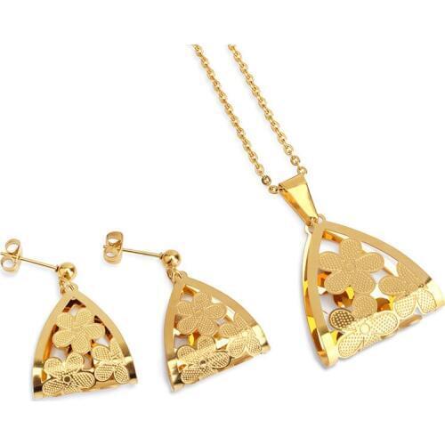 FairLadyHood Women Gold Color Necklace And Earrings Stainless Steel Flower Necklace Earrings For Women Weddings Accessories