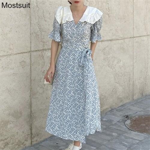 Floral Printed Vintage One-piece Dress Women Summer Flare Sleeve Peter Pan Collar Belted Midi Dresses Korean Elegant Vestidos