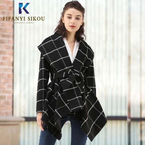 Winter Coat Women Plaid Wool blend Lapel Lace up Long Trench coat Thick Warm Overcoat Female Casual Elegant Winter Jacket