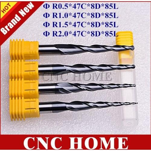 4Pcs HRC55 R0.5&1.0&1.5&2.0mm *2F*47C*8D*85L Tungsten Tapered Ball Nose End Mills Cone Cutter CNC Taper Carbide Milling Cutter