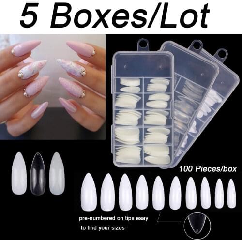 5 Boxes/Lot 100Pcs/box Long Stiletto False Nails Tips Full Cover Almond Fake Nails Art 10 Sizes Acrylic Press On Nails Art