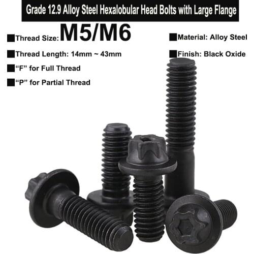 5Pcs M5 M6 Grade 12.9 Alloy Steel Hexalobular Head Bolts with Large Flange Full Thread and Partial Thread DIN 34801