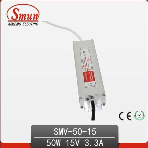 50W 15V 3.3A Wproof IP67 LED Driver Switching Power Supply for Led Strip Light with CE ROHS 1 Year Warranty SMV-50-15