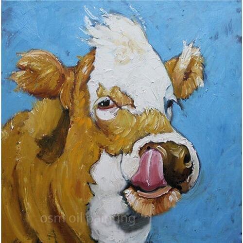 Free Shipping Handmade Decorative Kids Room Funny Animal Cow Oil Painting on Canvas Handmade Wall Art Funny Cow Oil Painting