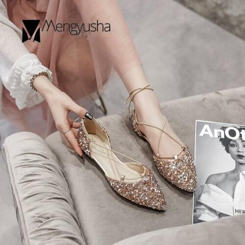 Shine paillette gold/silver ankle cross-tied d'orsay shoes woman pointy toe flats sandalias charming bling shallow sandals women