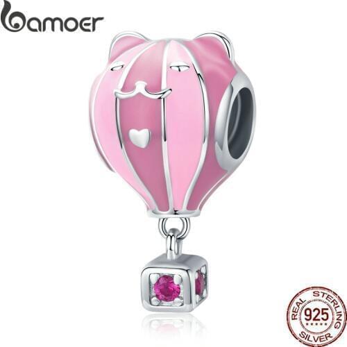 Bamoer Genuine 925 Sterling Silver Cute Cat Ear Pink Enamel Beads Charm fit Women Original Silver Charms Bracelet SCC1378