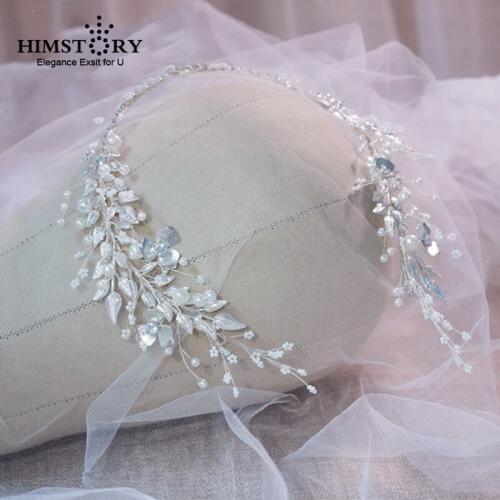 HIMSTORY Angel Handmade Silve Leaf Pearls Headband Bridal Headwear Hair Accessories Rhinestone Hair Jewelry