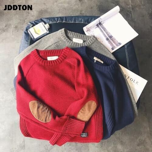 JDDTON Winter Mens Casual Pullover Sweater Round Neck Harajuku Casual Solid Color Knitted Hip Hop Warm Fashion Streetwear JE599