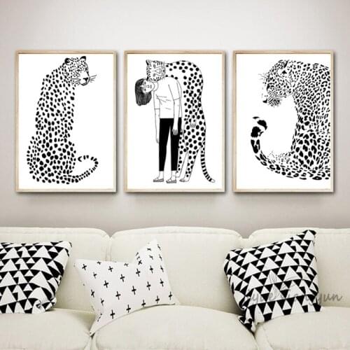 Canvas Painting Leopard Girl Nordic Modern Wall Art Poster Black White Posters and Prints Wall Pictures for Living Room Decor