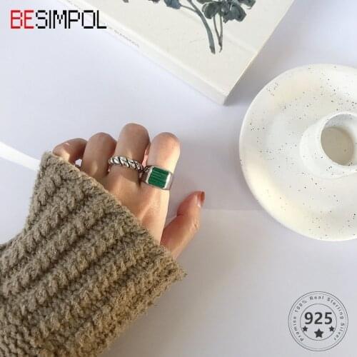 Besimpol Real s925 Sterling Silver Ring Vintage Square Textured Green Adjustable Open Rings For Women Fashion Fine Jewelry Gifts
