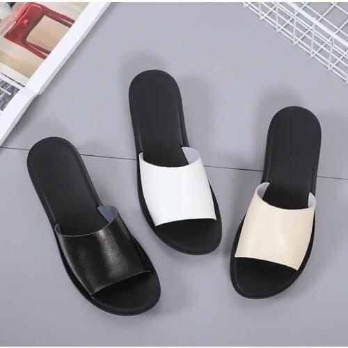 Summer Womens Sandals Low Heel Slippers Leather Flip Flop Korean Casual Wear Slippers Soft Anti Slip Beach Shoes Size 35-40