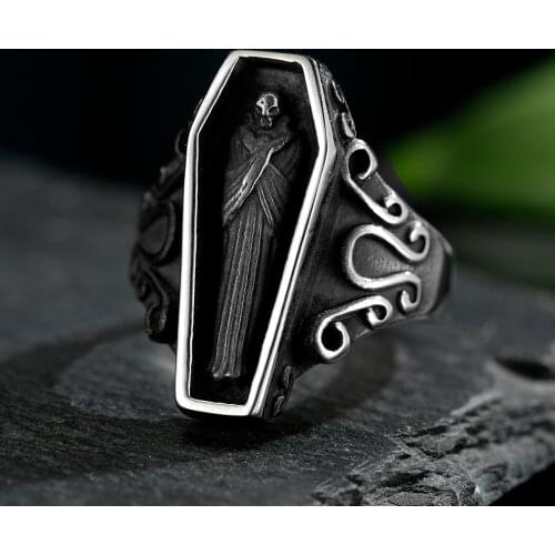 Goth Vampire Skull Ring Men Boy Punk Street Black Stainless Steel Coffin Ring Gothic Biker Jewelry Gift Free Shipping OSR