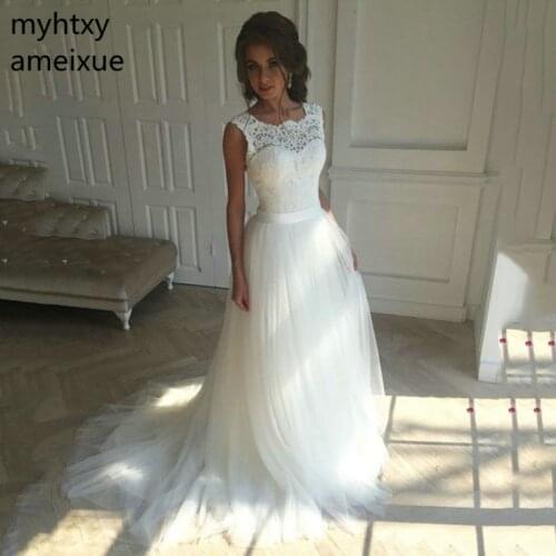 2021 New Lace O-Neck Lace Tulle Boho cheap Wedding Dresses Summer Beach Bridal Gown Bohemian Wedding Gowns robe de mariage