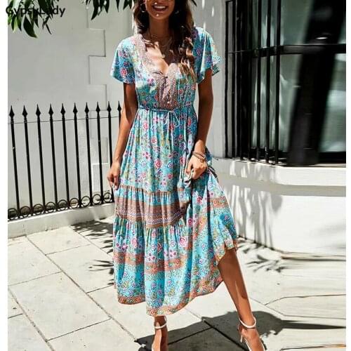 GypsyLady Floral Printed Maxi Dress Vintage Boho Summer Holiday Women Dresses Casual Chic Tie Lace Up Ladies Beach Female Dress