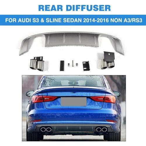 PP Car Rear Bumper Diffuser Lip With Exhaust Muffler For Audi S3 Sline Sedan 4 Door Non A3 RS3 2014 - 2016