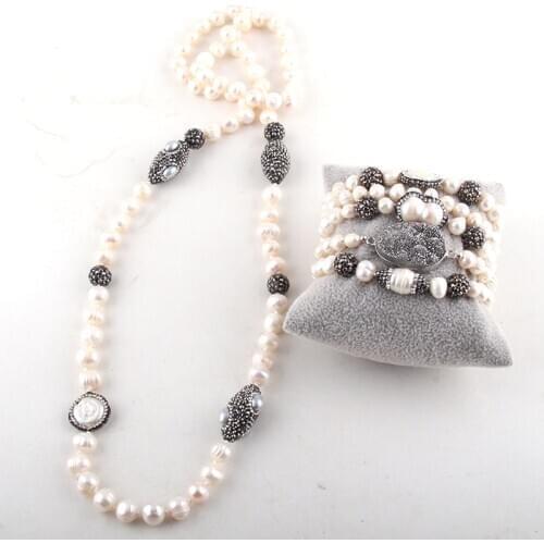 RH Fashion Jewelry Set Pearl Beads Knotted Handmake Paved Freshwater Pearl Necklace and Bracelet Set For Women Jewelry