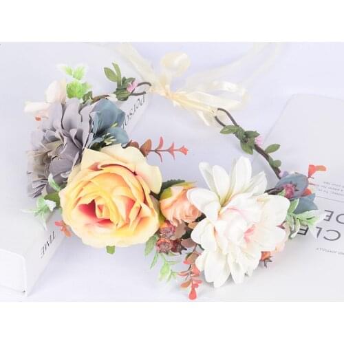 Romantic Artificial Flower Crown Ribbon Adjustable Hairband Bride Wedding Head Wreath Adult Children Holiday Garland Performance