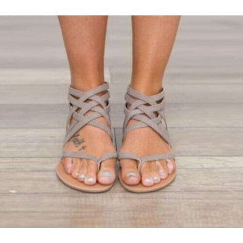 Women Summer Zipper Sandalias Fashion Rome Style Casual Shoes Ladies Cross Tied Band Flat Sandals Plus Size 34-43 Gladiator Zip