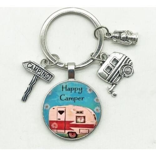 Happy camping Cute Travel Car I Camp camper key Road sign Keychain Glass Cabochon Traveler Key Chain goddess charm wholesale