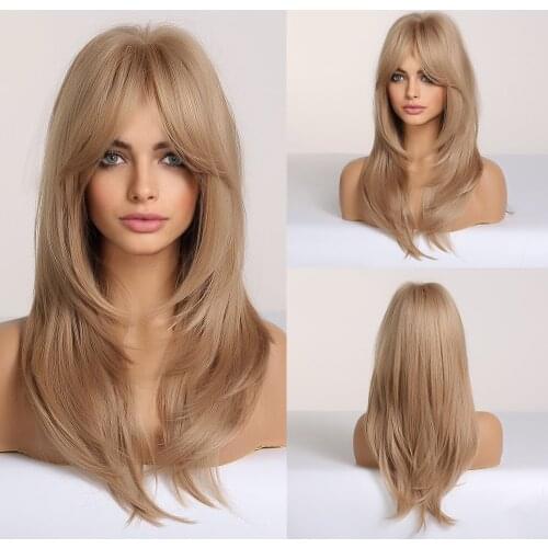 Synthetic Wig Long Natural Wavy Hair Ombre Golden Yellow Blonde Layered Wigs with Side Bangs for African American Women