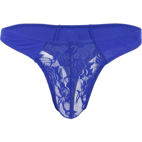Mens Lingerie Panties Lace Floral Bulge Pouch G-string Thong Bikini Briefs Sissy Underwear Low Rise Elastic Waistband Underpants