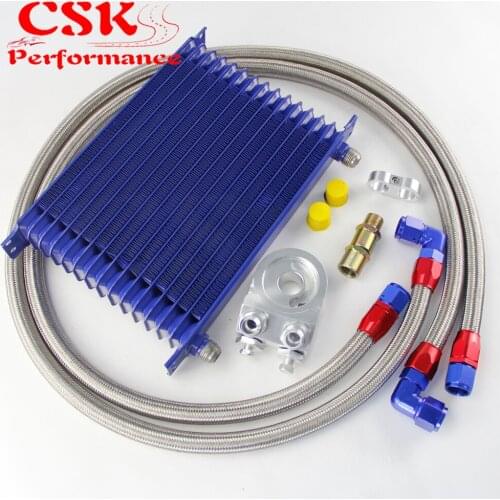 Universal 15 Row 262mm AN10 Engine Transmission Oil Cooler Trust Type + Aluminum Filter Adapter Kit Silver/Blue/Black