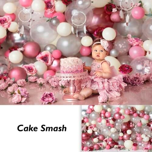 Spring Pink Flowers and Balloons Girls Portrait Photography Backdrop Dreamcatcher Nebworn Children Cake Smash Photo Background
