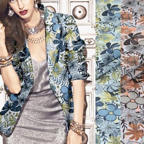150CM Wide 350G/M Weight Floral Jacquard Acrylic Polyester Blue Orange Brocade Fabric for Spring Autumn Dress Shirt Jacket J090