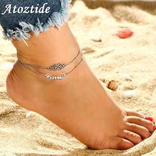 Atoztide 2019 New Personalized Custom Name Anklet For Women Gold Stainless Steel Charms Engraved Handwriting Love Anklet Gift