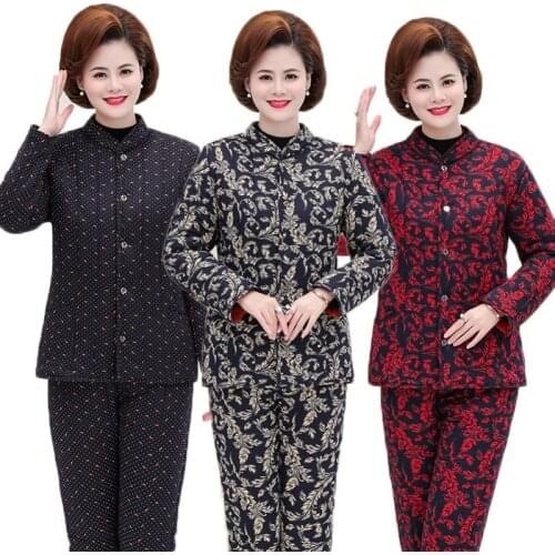 2020 Fashion Winter Women 2 Piece Set Suits Down Cotton Floral Printed Coat Jacket + Elastic Waist Loose Pants Female Suit Y112