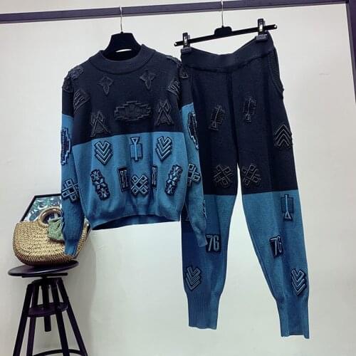 2021 Autumn 2 Piece Set Women Letters Embroidery Knitted Sets Sweater Trousers Pants Suit Winter Women Two Piece Set Tracksuits