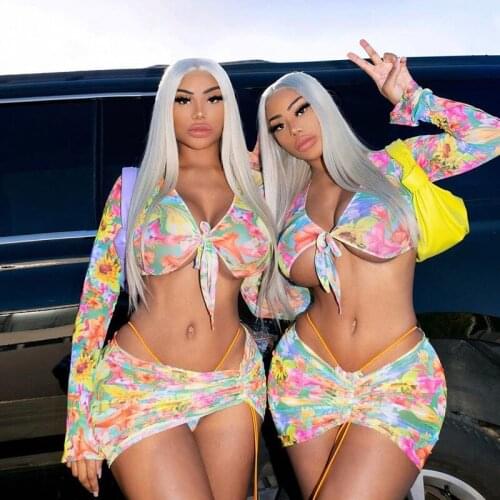 2 Pcs Women Beach Outfits, Adults Sexy Flower Print Long Sleeve V-neck Tie Up Crop Top + Ruched Drawstring Skirt New 2021