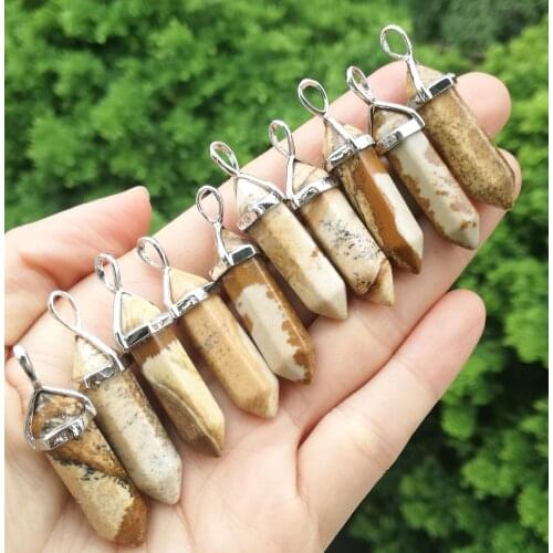 10pcs Picture Jasper stone Hexagon Point Pendant Chakra Reiki Healing Amulet Wholesale