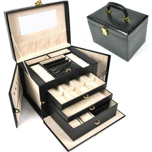 Free shipping Luxurious leather large 4 layers space jewelry box ,earrings necklaces pendants display box wedding gifts. black